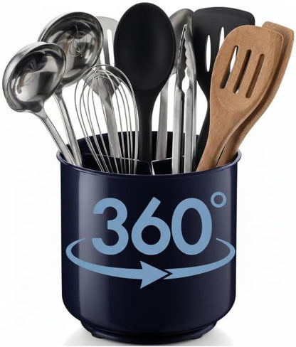 Cooler Kitchen Jumbo Plastic Rotating Extra Large Utensil Holder Crock with No-Tip Weighted Base, Removable Divider, and Gripped Insert - Kitchen Utensil Holder for Kitchen Counter: Blue Utensil Caddy by CoolerKitchen