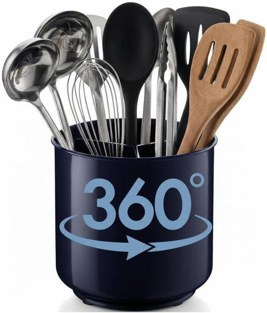 Cooler Kitchen Jumbo Plastic Rotating Extra Large Utensil Holder Crock with No-Tip Weighted Base, Removable Divider, and Gripped Insert - Kitchen Utensil Holder for Kitchen Counter: Blue Utensil Caddy by CoolerKitchen