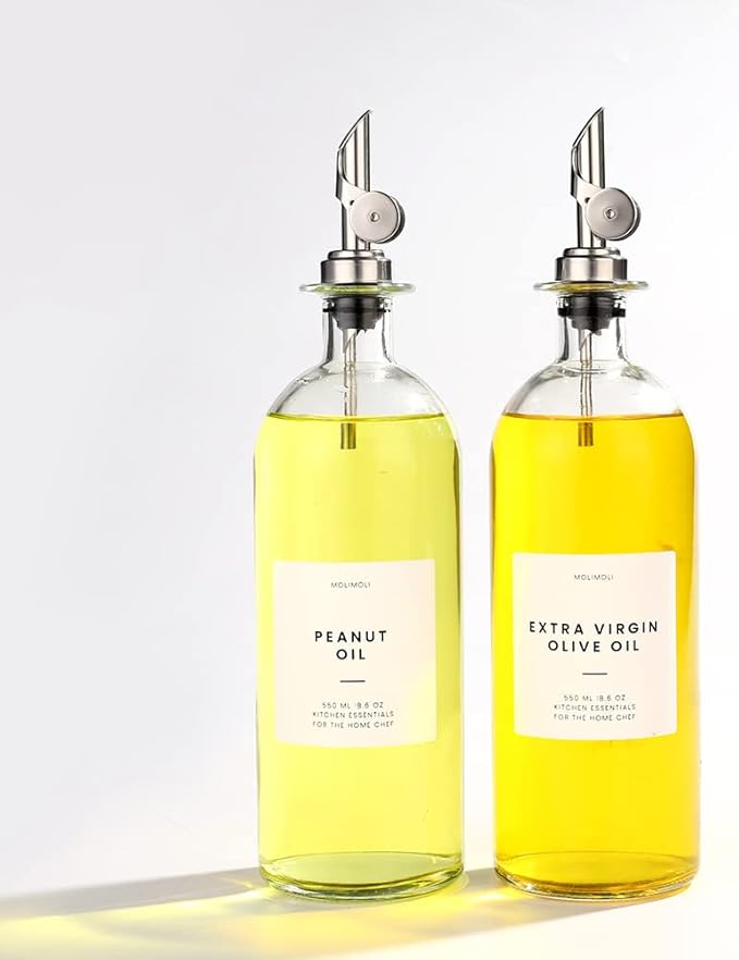 Molimoli Oil and Vinegar Dispenser with Metal Pour Spout, Weighted Pourer, Glass Bottle Dispenser for Kitchen, Olive Oil Cruet, Glass Olive Oil Bottle | 500ml, Set of 2 by MoliMoli