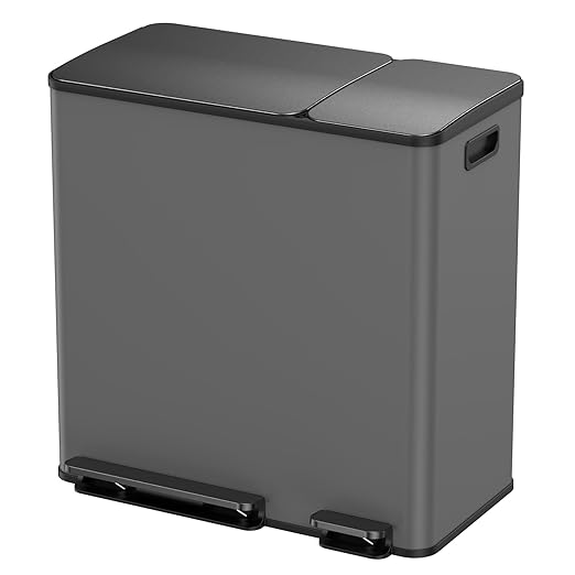 Lovewind Double Trash Can Kitchen, 13+5.5 Gallon Stainless Steel Dual Trash and Recycle Bin Combo with Silent Close Lid, Heavy-Duty Foot Pedal, Easy to Clean Garbage Can for Large Families, Grey