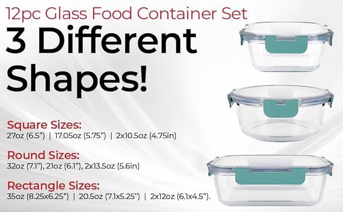 Magic Mill Premium Borosilicate Glass Food Storage Containers with lids Set | 24pc Sets with 12 Bowls & 12 Airtight Locking Lids for Lunch & Meal Prep, Safe for Oven, Freezer, Dishwasher, BPA-Free - Image 6