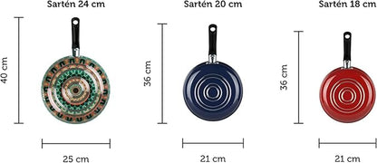 Ekco 3-Piece Frying Pan Set (7.1, 7.9 & 9.4 IN) For all Stovetops, Dishwasher Safe - Lightweight Aluminum Skillets, Non-Stick & Riveted Bakelite Handle (Hippie Chick Red & Blue) PFOA & PTFE Free