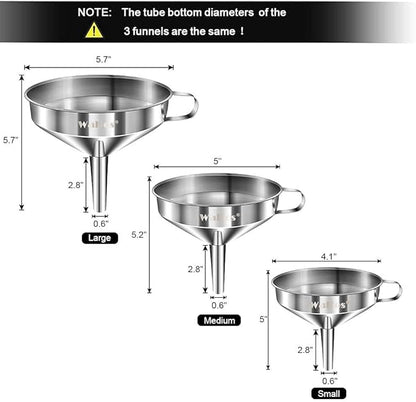 Stainless Steel Funnel, Walfos 3 Pack Kitchen Funnel with 2 Removable Strainer ＆ 1Pcs Cleaning Brush, Perfect for Transferring of Liquid, Oils, Jam, Dry Ingredients & Powder - Image 4