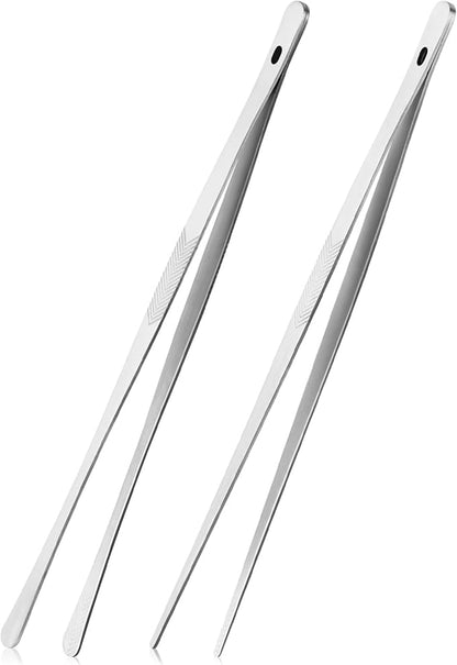 ChefBee Kitchen Cooking Tongs Tweezers - 2PCS 12" Stainless Steel Kitchen Utensils, Metal Fine Tweezers Tongs with Precision Serrated Tips for Chef, Serving Food, Grill, Culinary, Pasta, Salad, BBQ by ChefBee