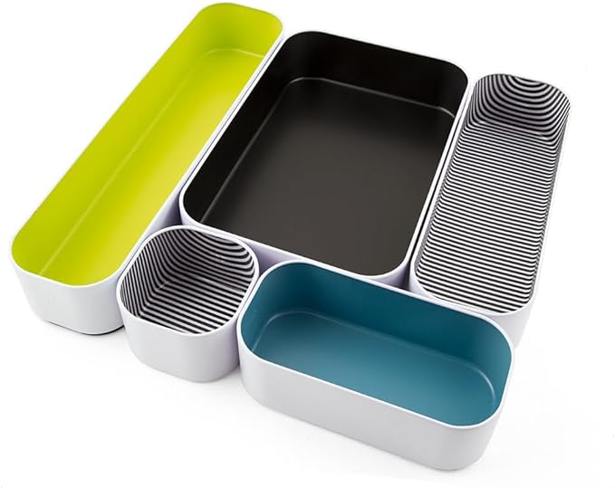 Three by Three Seattle 5 Piece Metal Organizer Tray Set for Storing Makeup, Stationery, Utensils, and More in Office Desk, Kitchen and Bathroom Drawers (2 Inch, Assorted Colors, Stripes) by ThreebyThreeSeattle