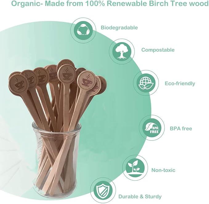 Coffee Stirrers Stir Sticks Wooden Beverage Mixer with Round Ends,Disposable Environmentally Friendly Biodegradable Cafe Grade Beverage Stir Sticks for 6 Inch Coffee Milk Cocktail Tea (100) - Image 6
