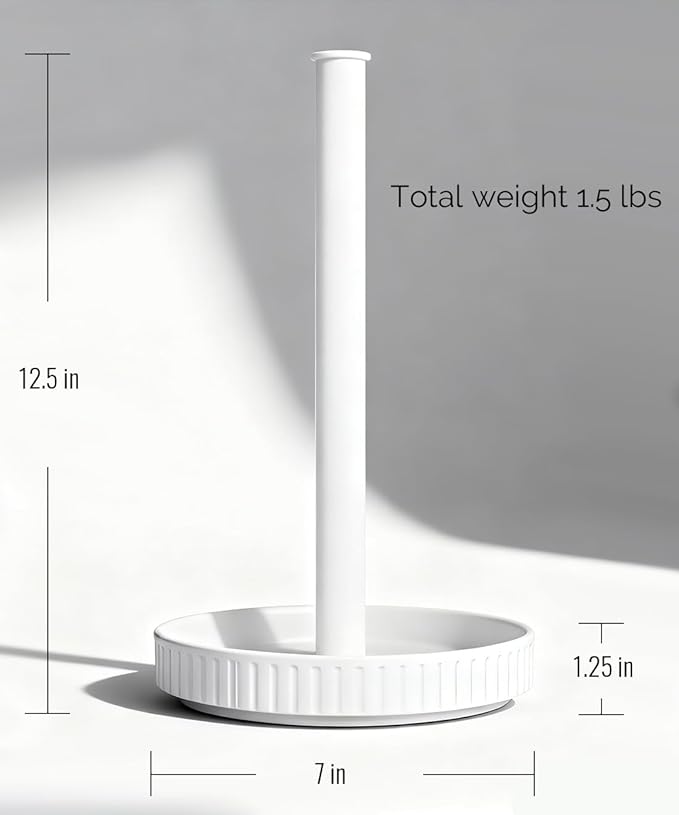 VROOMIUM Paper Towel Holder, Ceramic Base Water & Oil Resistant, Fits Double and Family Size Rolls, Stable and Easy to Clean Kitchen Roll Stand- Chic White
