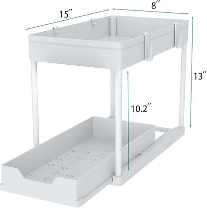 DEKAVA Cabinet, 2 Pack Under Sink Organizer, 2 Tier Sliding Bathroom Kitchen Organizer, Large White ABS Baskets, Easy Install & Clean - Image 2