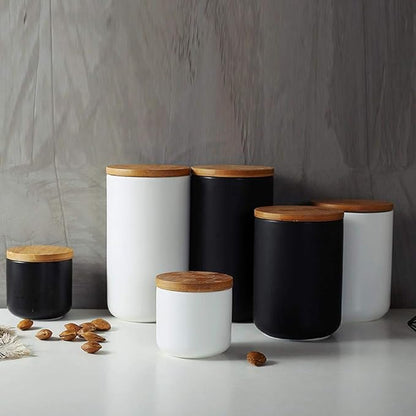 MilkyWay Food Storage Jar Strong Ceramic Storage Canisters with Airtight Seal Bamboo Lid Modern Design Seal Damp-Proof Kitchen Jar for Coffee, Tea, Spice and More (White(S: 8.7oz/260ml))