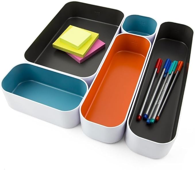 Three by Three Seattle 5 Piece Metal Organizer Tray Set for Storing Makeup, Stationery, Utensils, and More in Office Desk, Kitchen and Bathroom Drawers (2 Inch, Multicolor) - Image 5
