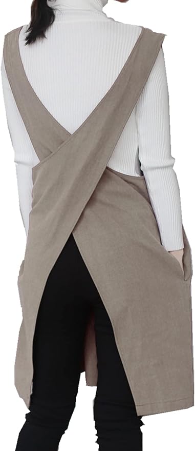 Cotton Linen Japanese Apron Halter Cross Back Bandage X Shape Aprons Two Pockets