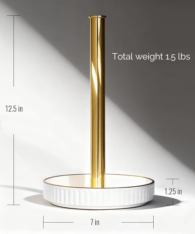 VROOMIUM Paper Towel Holder Countertop, Gold and Ceramic Base Easy-to-Clean, Fits Double to Family Rolls, Elegant and Durable Kitchen Roll Stand, Lux-Gold