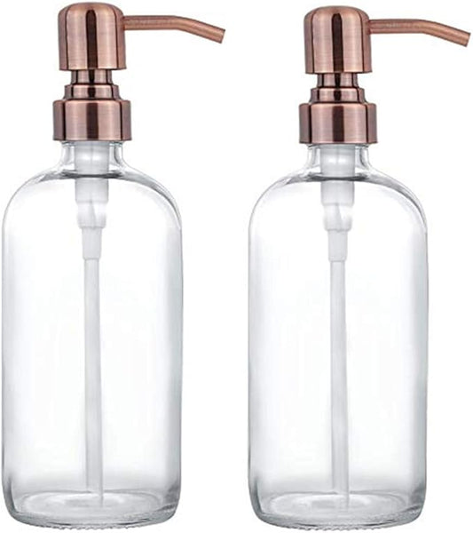 2 Pack Thick Clear Glass Pint Jar Soap Dispenser with Copper Stainless Steel Pump, 16ounce Clear Boston Round Bottles Dispenser with Rustproof Pump for Essential Oil, Lotions Soap