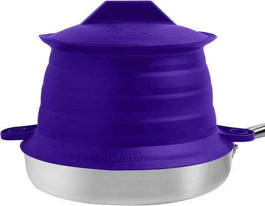 L.I.Q Silicone Splatter Guard – Fits 8 and 10 Inch Pots (20 and 25 Centimeters) – Microwave Safe and Durable SplatterDom - Includes 8” Lid - Food and Oil Splash Guard (Violet, Small)