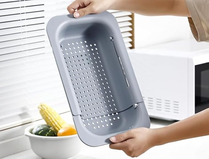 Expandable Over Sink Strainer for Kitchen Sink, Adjustable Sink Colander Basket, Kitchen Sink Strainer for Washing Fruits, Vegetables, Dishes & Utensils, Space Saving Drain Basket, Gray