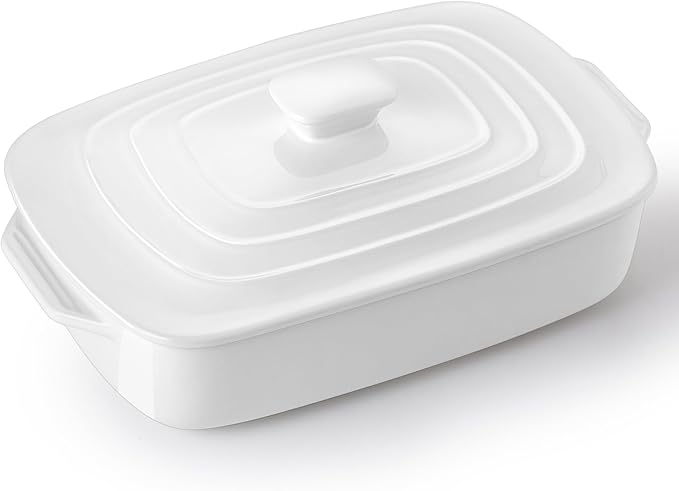Large Ceramic Casserole Dish with Lid, 4.0 Quart Covered Rectangular Stoneware Baking Dishes for Oven, Deep 9x13 Inch Lasagna Pans for Baking and Serving, Perfect for Christmas Gifts, White by Lareina