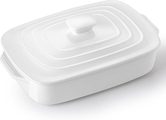 Large Ceramic Casserole Dish with Lid, 4.0 Quart Covered Rectangular Stoneware Baking Dishes for Oven, Deep 9x13 Inch Lasagna Pans for Baking and Serving, Perfect for Christmas Gifts, White by Lareina