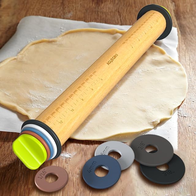 Rolling Pin with Adjustable Thickness Ring and Silicone Baking Mat for Baking, Fondant,Pizza,Pie,Cookies,Pastries,13.6"Wooden Rolling Pin Dough Roller with 4 Multi-Color Thickness Rings - Image 5