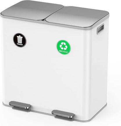 Lovewind Dual Trash and Recycling Bins for Kitchen, 2 * 11-Gallon Stainless Steel Double Trash Can, Step-On Garbage and Recycle Combo, Quiet Close, Pet-Proof, Compatible with 13-Gallon Bags, White by LOVEWIND
