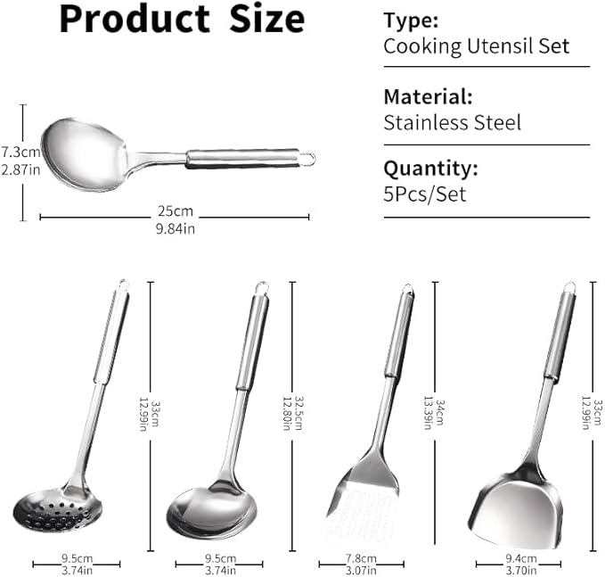 Stainless Steel Cooking Utensils Set, 5 Pcs Stainless Steel Kitchen Utensils Set, Wok Utensils Set Include Wok Ladle, Slotted Spoon, Soup, Wok Spatula and Slotted Spatula - Image 2