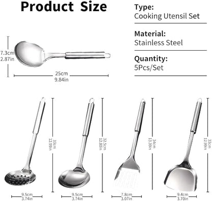 Stainless Steel Cooking Utensils Set, 5 Pcs Stainless Steel Kitchen Utensils Set, Wok Utensils Set Include Wok Ladle, Slotted Spoon, Soup, Wok Spatula and Slotted Spatula - Image 2