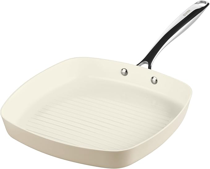 Pyrex 11-Inch Grill Pan Ceramic Cookware with Stainless Steel Handle, Healthy Nonstick Ceramic Coating, Induction Compatible Stainless Steel, PFAS Lead Cadmium BPA Free
