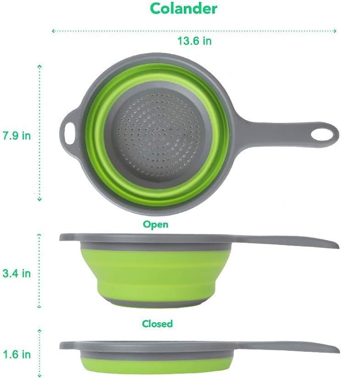 2 Pack Kitchen Foldable Silicone Strainer Colanders, Collapsible Colanders with Handles, Space-Saver Folding Strainer Colander for Draining Pasta, Vegetable (Green and Red) - Image 3