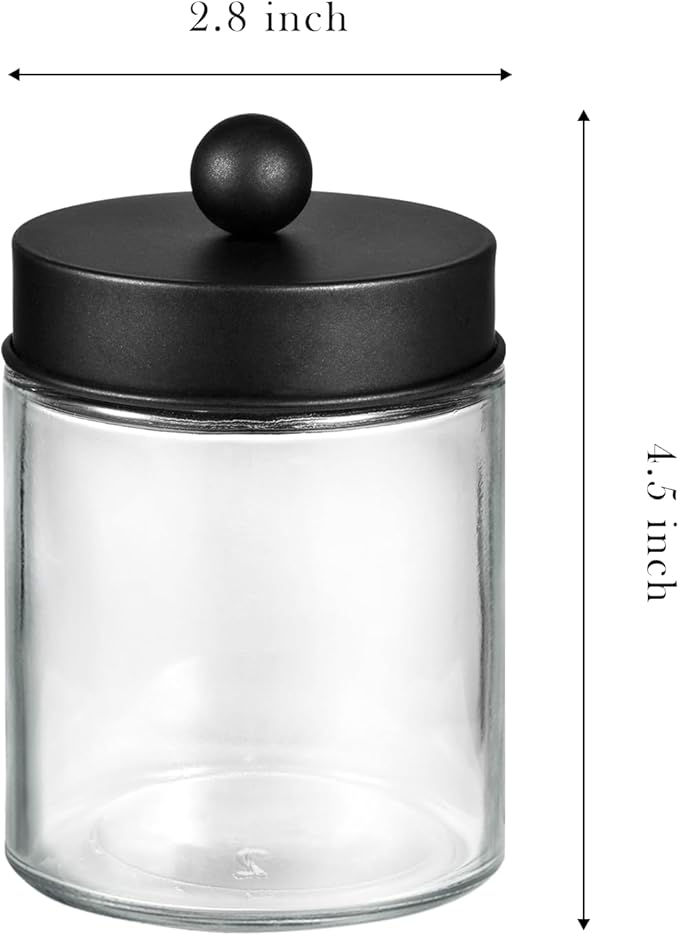 SheeChung Qtip Dispenser Holder 1pcs, Glass apothecary jars with Stainless Steel Lids &Stickers, Countertop Canister Guest Bathroom Storage Organizer Set for Cotton Swabs/Balls, Floss Picks(Black)
