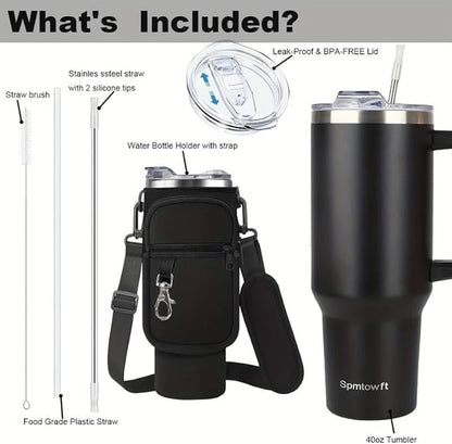 40oz Stainless Steel Double Vacuum Tumbler with Handle, Straw Lid, Carrier Bag, Purse Pouch Phone Pocket, Gym Water Bottle Travel Mug and Sleeve Holder for Men Women (Pink/blue)