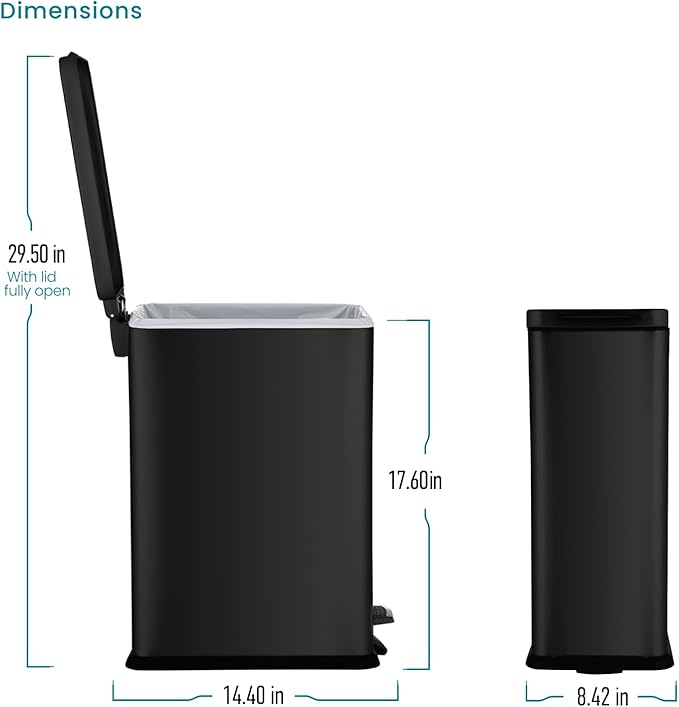 Home Zone Living 4 Gallon Slim Kitchen Trash Can with Soft Close Lid and Step Pedal, Matte Black Stainless Steel Wastebasket with Removable Bucket - Image 7