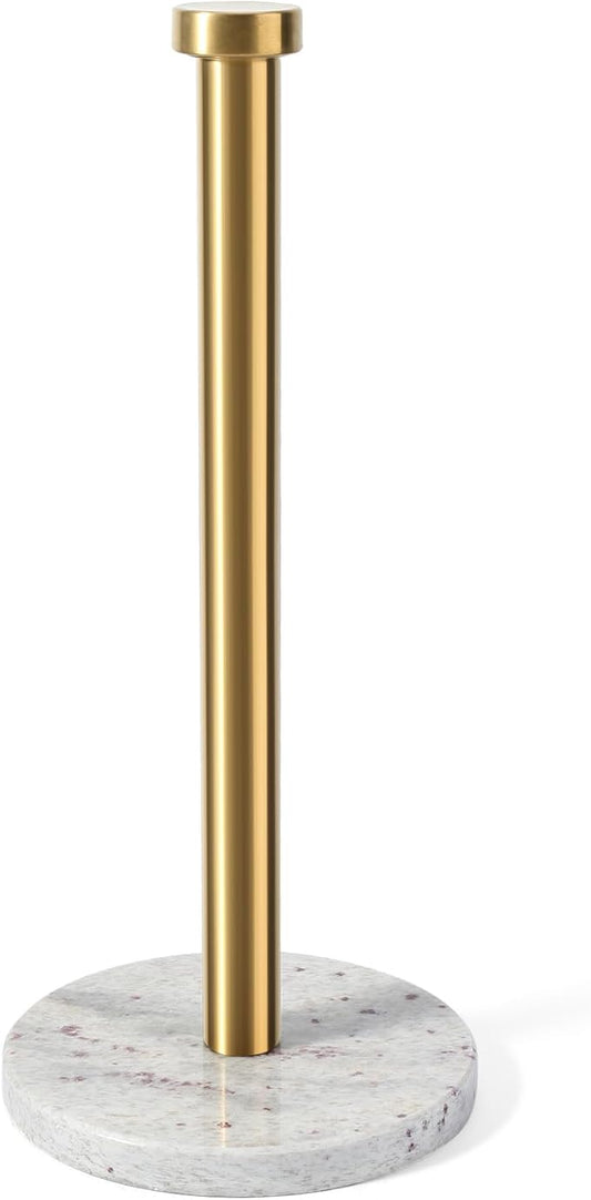Koville Paper Towel Holder Countertop, Standing Paper Roll Holder with 6" Weighted Marble Base, Stone Paper Towel Holder with Gold Stainless Steel Rod for Kitchen Bathroom (River White)