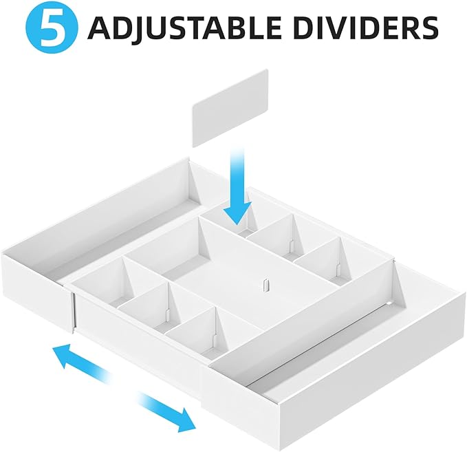 Marbrasse Expandable Desk Drawer Organizer, Clear Plastic Drawer Organizer Tray with 10 Adjustable Compartments, Desk Organizers and Accessories, 5 Drawer Dividers for Office Supplies, Makeup(White) - Image 3
