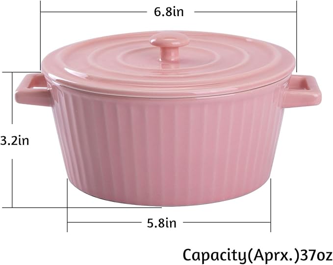 WHJY Pink Ceramic Casserole Dish with Lid，1 Quart Ceramic Casserole Pan for Bakeware Oven