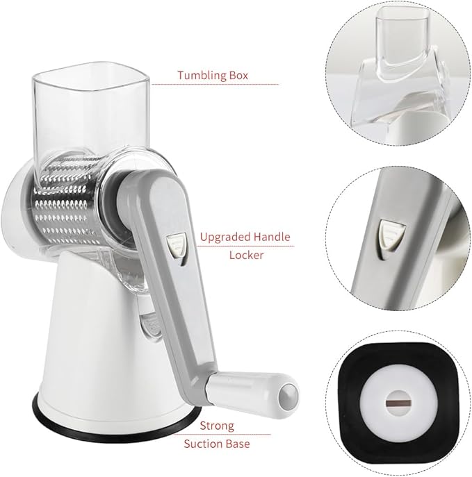 Cambom Rotary Cheese Grater Hand Crank Cheese Shredder for Fresh Cheese, Vegetable, Nuts,Non-slip Suction Base, Free Cleaning Brush Three Blades, White - Image 6