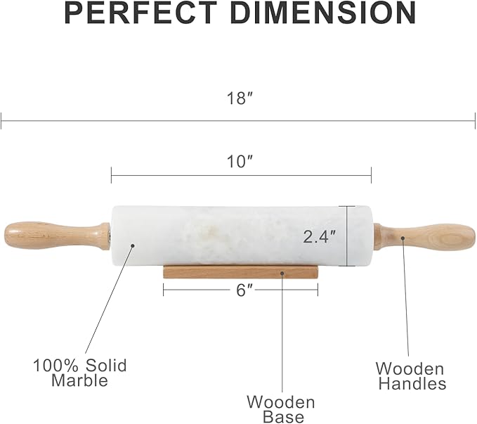 Koville White Marble Rolling Pin With Wooden Handles & Wood Cradle, 18 Inch Polished Marble Rolling Pins For Making Pizza Dough, Dough Roller For Pie Crust, Cookie, Pasta, Ergonomic Handles - Image 2