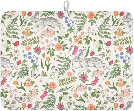 Easter Bunny Dish Drying Mat for Kitchen Counter,Colorful Flowers Sage Green Leaves Vintage Botanical Plants Drying Mat 18 x 24 Inch with Absorbent Reversible Microfiber Drying Pad for Coffee Bar by Anyako
