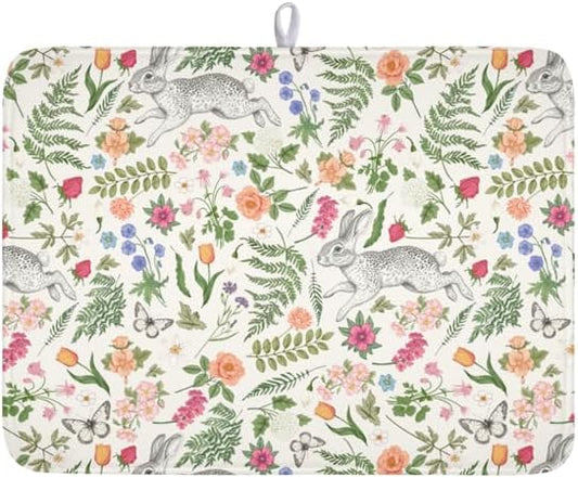Easter Bunny Dish Drying Mat for Kitchen Counter,Colorful Flowers Sage Green Leaves Vintage Botanical Plants Drying Mat 18 x 24 Inch with Absorbent Reversible Microfiber Drying Pad for Coffee Bar by Anyako