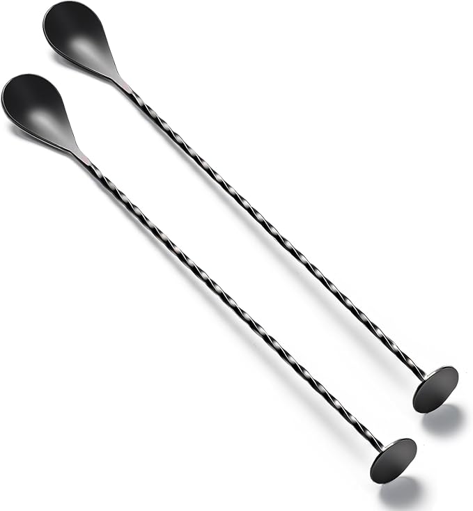 BRIOUT 2 Pcs Bar Spoon, 12 Inches Long Handle Drink Stirrer, Stainless Steel Bar Cocktail Mixing Spoons with Round Base for Stirring, Black by Briout