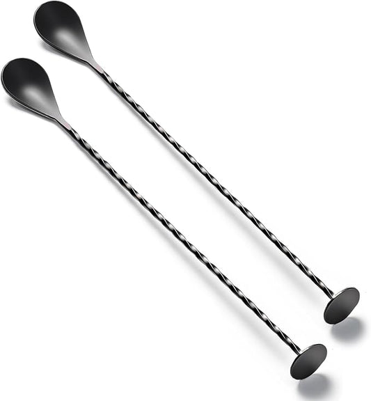 BRIOUT 2 Pcs Bar Spoon, 12 Inches Long Handle Drink Stirrer, Stainless Steel Bar Cocktail Mixing Spoons with Round Base for Stirring, Black by Briout