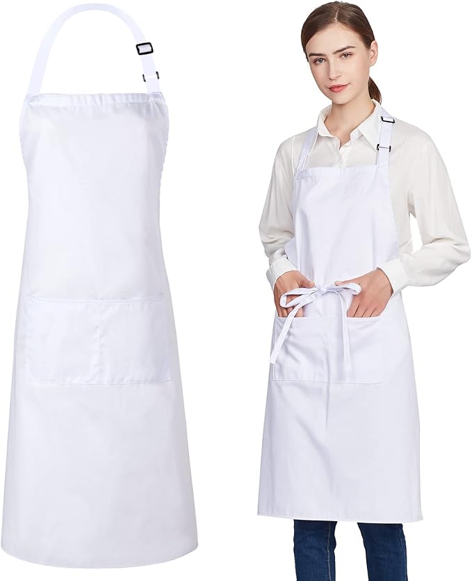 Jubatus 1 Pack 100% Cotton Aprons with 2 Pockets Cooking Chef Kitchen Adjustable Bib Apron for Women Men, White by Jubatus
