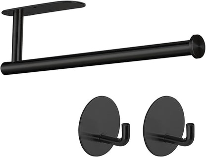 Paper Towel Holder with 2 Hooks-Under Cabinet Paper Towel Holder for Kitchen, Self-Adhesive or Screws, Space Saving Wall Mounted Kitchen Roll Holder, Bathroom, Stainless Steel Matte Black