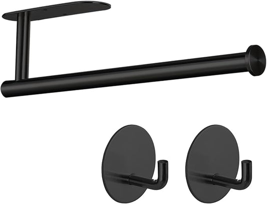 Paper Towel Holder with 2 Hooks-Under Cabinet Paper Towel Holder for Kitchen, Self-Adhesive or Screws, Space Saving Wall Mounted Kitchen Roll Holder, Bathroom, Stainless Steel Matte Black