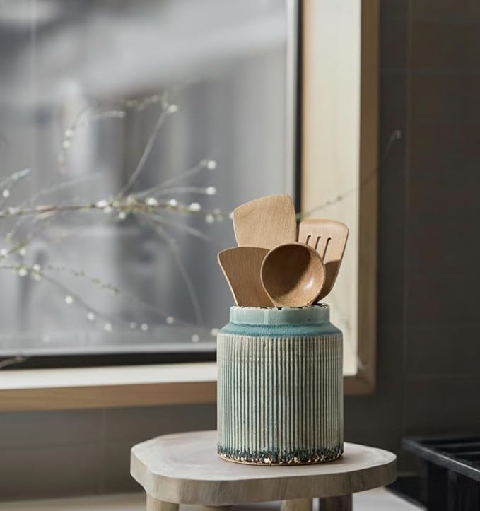 JIEMEI HOME Kitchen Utensil Holder, 6.77" Ceramic Farmhouse Stable Utensil Crock for Countertop, Vintage Style Cooking Tool Organizer with Cork Mat, Spatula Holder For Kitchen Decor, Antique Blue - Image 6