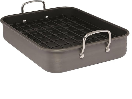 Rachael Ray Brights Hard Anodized Nonstick Roaster / Roasting Pan with Rack - 16 Inch x 12 Inch, Gray