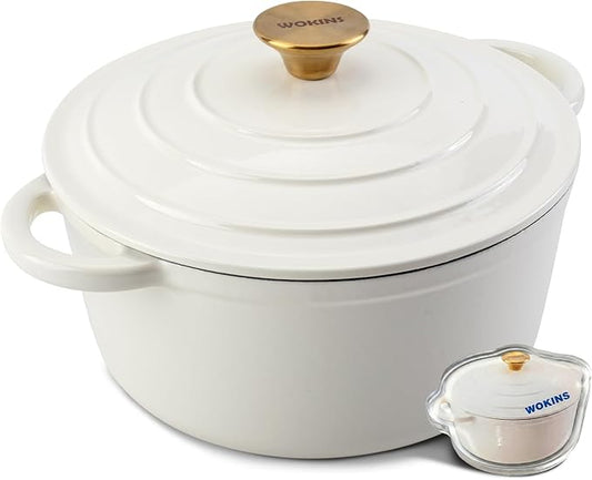Enameled Cast Iron Dutch Oven - 7QT Pot with Lid,Oven Safe to 500°F,Heavy-Duty Cookware for Sourdough Bread Baking,Braising,Stews,Roasting Cream by WOKINS
