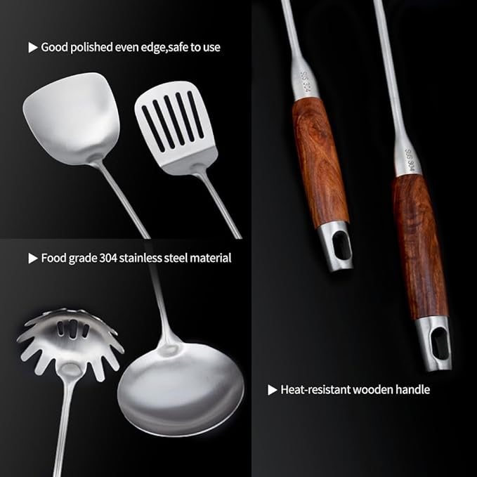 VALESKA Kitchen Utensils Set with Wood Handle, 6 Pieces Stainless Steel Utensils Set, Metal Cooking Utensils Set, Non-Stick and Heat Resistant - Image 3