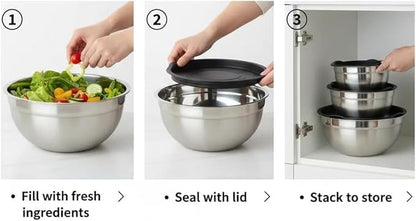 Mixing Bowls with Lids Set of 3 - Stainless Steel Nesting Bowls (1.5, 2.5, 5 QT) with Food-Grade TPE Lids, BPA-Free, Airtight & Durable for Baking, Meal Prep