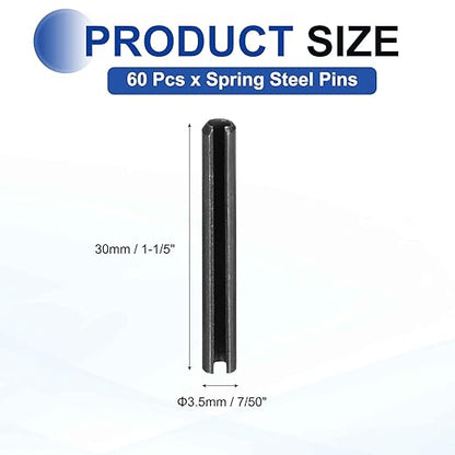MECCANIXITY 60Pcs Slotted Split Roll Pins 7/50 Inch(3.5mm) Dia. 1-1/5 Inch(30mm) Length 65Mn Steel Spring Tension Expansion Dowels for Secure Fastening, Black