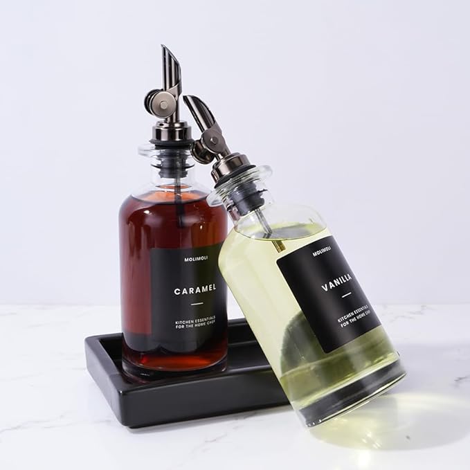 Molimoli Oil and Vinegar Dispenser with Metal Pour Spout, Weighted Pourer, Glass Bottle Dispenser for Kitchen w. Ceramic Tray|Black, 350ml, Set of 2 - Image 9