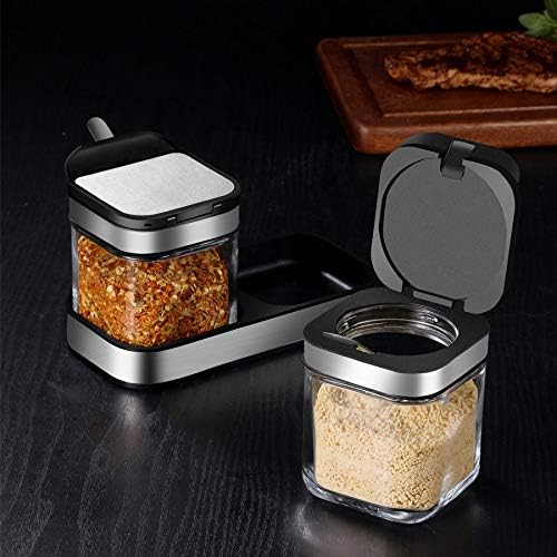 Condiment Jar Spice Container with 304 Stainless Steel Lids and Spoons,Clear Glass Condiment Canisters Pots Seasoning Box Salt Container Sugar Bowl Set of 2 for Kitchen, Counter, Food Storage